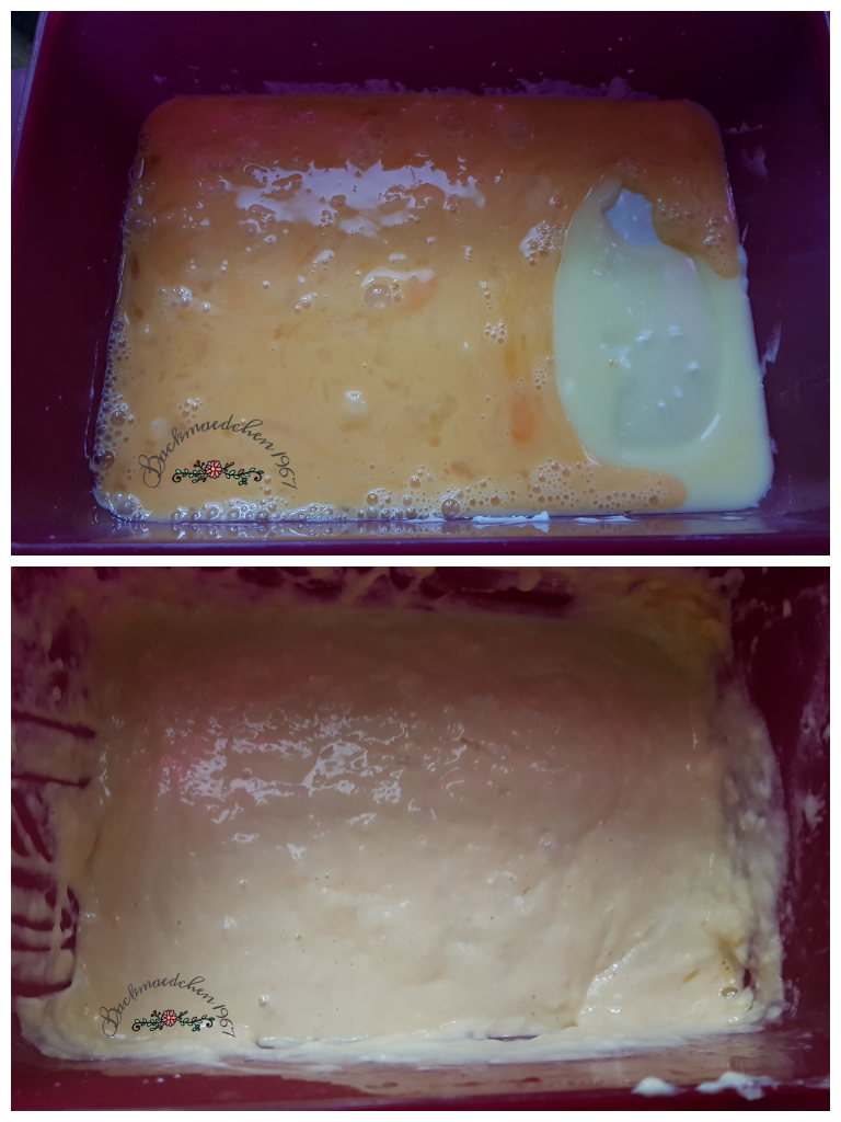 Eier und Butter zum Waffelteig gegeben Teig Hefeteigwaffeln
